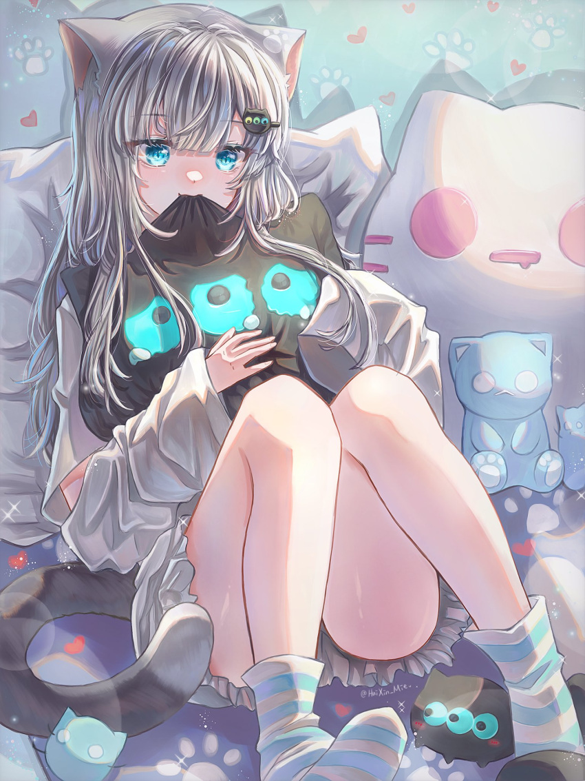 1girl animal_ears arm_cutout biting blue_eyes cat_ears cat_girl cat_pillow cat_tail creature dress grey_hair highres huixin_mie indie_virtual_youtuber long_hair lying nachoneko on_back on_bed pillow short_dress socks striped striped_socks stuffed_animal stuffed_cat stuffed_toy tail tears twitter_username virtual_youtuber white_dress