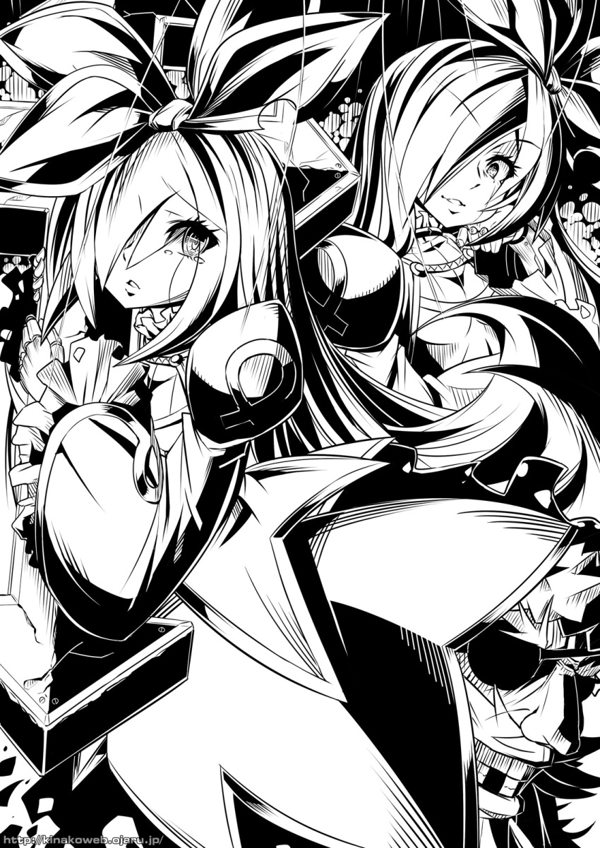 1boy 2girls antonio_(ragnarok_online) bangs bow celine_kimi commentary_request cowboy_shot dress dual_persona eyepatch greyscale grin hair_between_eyes hair_bow hair_over_one_eye highres juliet_sleeves long_hair long_sleeves looking_at_viewer marionette missing_teeth monochrome multiple_girls ooyama_kina parted_lips puffy_sleeves puppet puppet_strings ragnarok_online smile string tearing_up