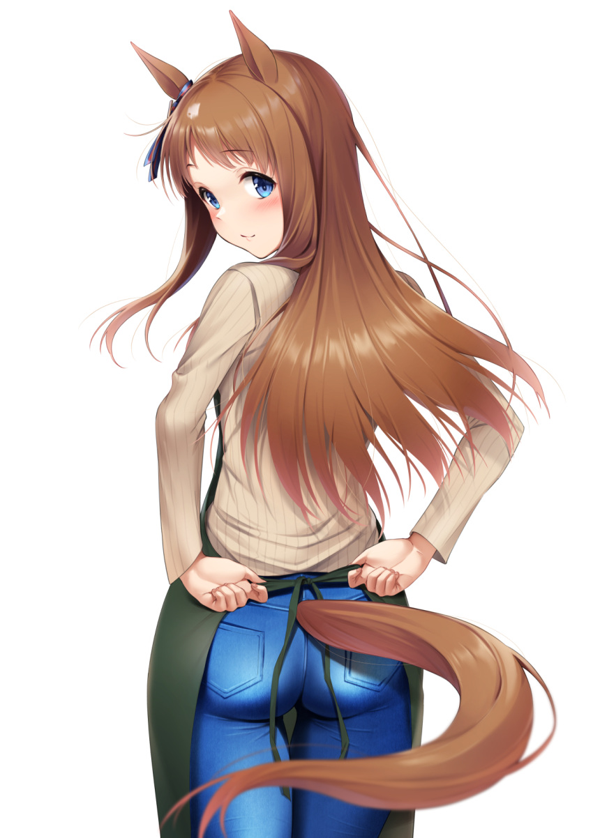 1girl adjusting_apron animal_ears apron arms_behind_back blue_eyes blue_pants blue_ribbon blush closed_mouth commentary_request denim ear_ribbon from_behind grass_wonder_(umamusume) green_apron henria highres horse_ears horse_girl horse_tail jeans long_sleeves looking_at_viewer looking_back pants ribbed_sweater ribbon simple_background smile solo sweater tail umamusume white_background white_sweater
