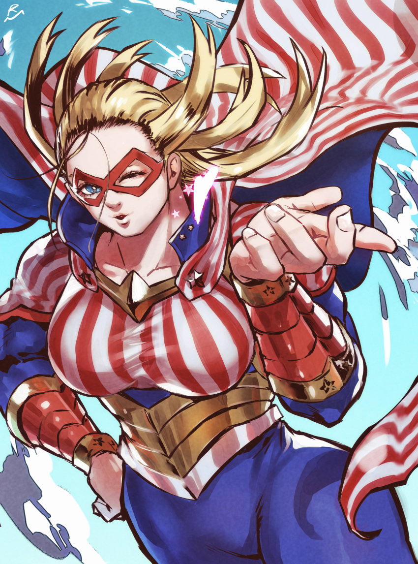 1girl absurdres american_flag american_flag_print blonde_hair blowing_kiss blue_bodysuit blue_eyes blue_sky bodysuit boku_no_hero_academia breasts bright_pupils cape clouds cowboy_shot domino_mask flag_print flying gauntlets gradient_sky hair_slicked_back hand_on_hip heart highres large_breasts lips long_hair looking_at_viewer mask murasaki_no_ryuuki muscular muscular_female nose one_eye_closed outline red_mask shiny shiny_clothes shiny_hair sky solo spandex star_(symbol) star_and_stripe_(boku_no_hero_academia) striped_bodysuit striped_cape superhero taut_clothes white_pupils wind