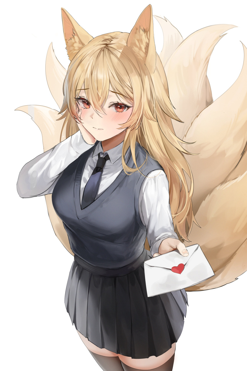 1girl absurdres animal_ear_fluff animal_ears bangs black_necktie black_skirt black_thighhighs black_vest blonde_hair blush breasts closed_mouth collared_shirt cowboy_shot envelope fox_ears fox_girl fox_tail hair_between_eyes hand_on_own_face heart highres holding holding_envelope indoors korean_commentary lillly long_hair long_sleeves looking_at_viewer love_letter medium_breasts multiple_tails necktie original outstretched_hand pleated_skirt red_eyes school_uniform shirt simple_background skirt solo tail taut_clothes thigh-highs vest white_background white_shirt zettai_ryouiki