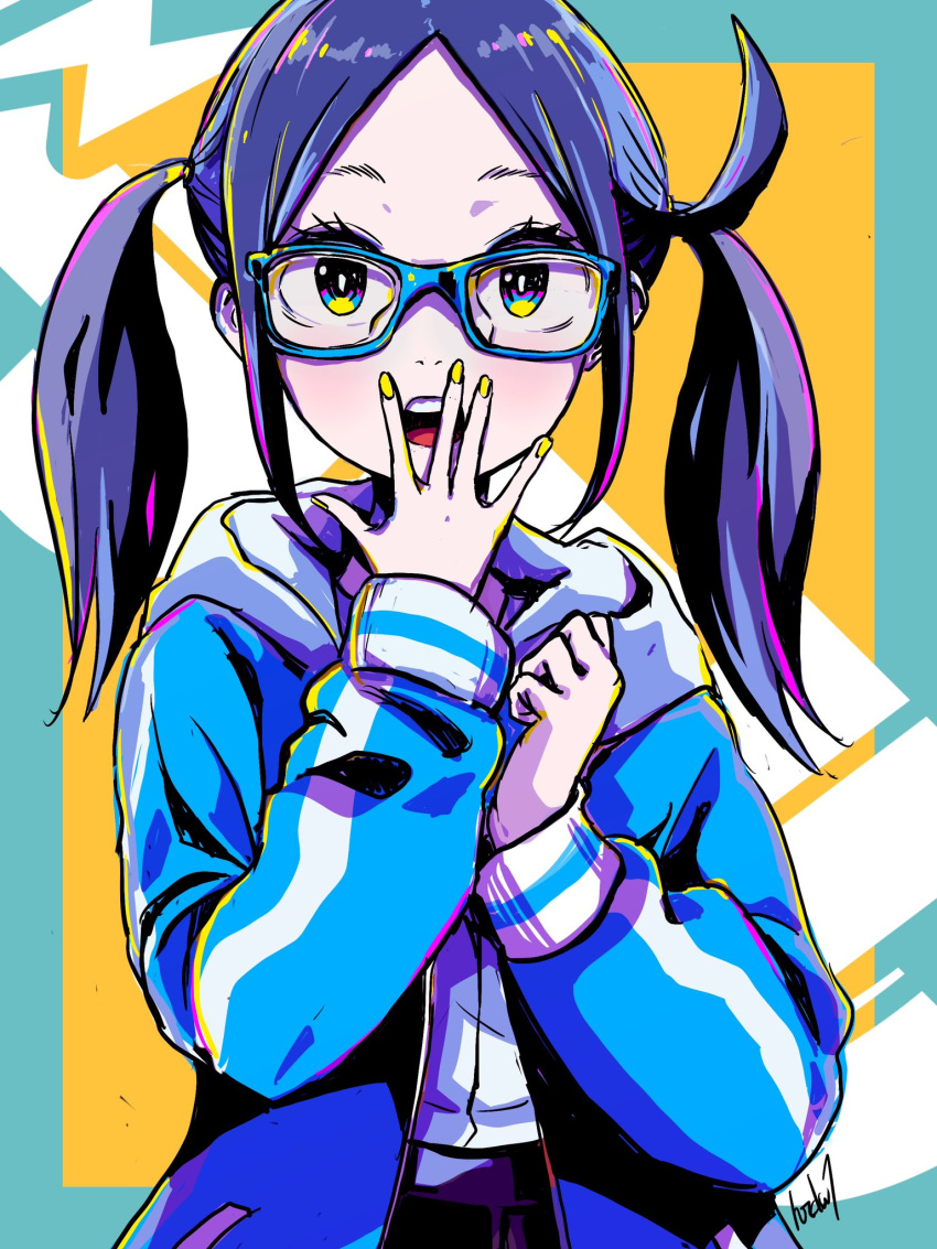 1girl bangs blue-framed_eyewear blue_eyes blue_jacket commentary_request forehead glasses hand_to_own_mouth hands_up harada_yuuichi highres hood hood_down hooded_jacket jacket long_hair long_sleeves looking_at_viewer nail_polish open_mouth original parted_bangs puffy_long_sleeves puffy_sleeves purple_hair purple_skirt shirt sidelocks skirt sleeves_past_wrists solo teeth twintails upper_teeth white_shirt yellow_nails