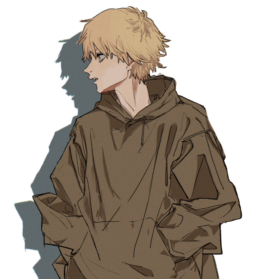 1boy baggy_clothes blonde_hair brown_hoodie chainsaw_man denji_(chainsaw_man) facing_to_the_side hands_in_pockets highres hood hood_down hoodie looking_to_the_side male_focus open_mouth short_hair simple_background solo tasuketemama white_background
