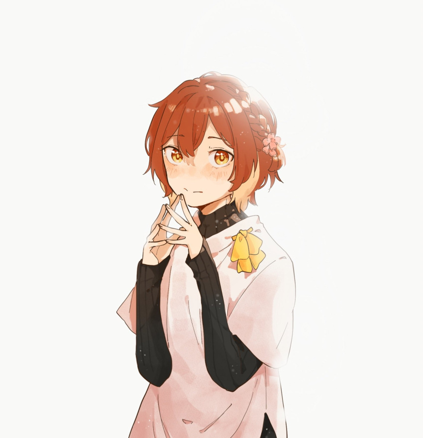 1boy black_sweater blush braid closed_mouth flower hair_between_eyes hair_flower hair_ornament hanasaki_miyabi hayate_fish highres holostars layered_sleeves long_sleeves looking_at_viewer male_focus own_hands_together redhead ribbon shirt short_hair short_over_long_sleeves short_sleeves simple_background solo steepled_fingers sweater turtleneck turtleneck_sweater upper_body virtual_youtuber white_background white_shirt yellow_eyes yellow_ribbon