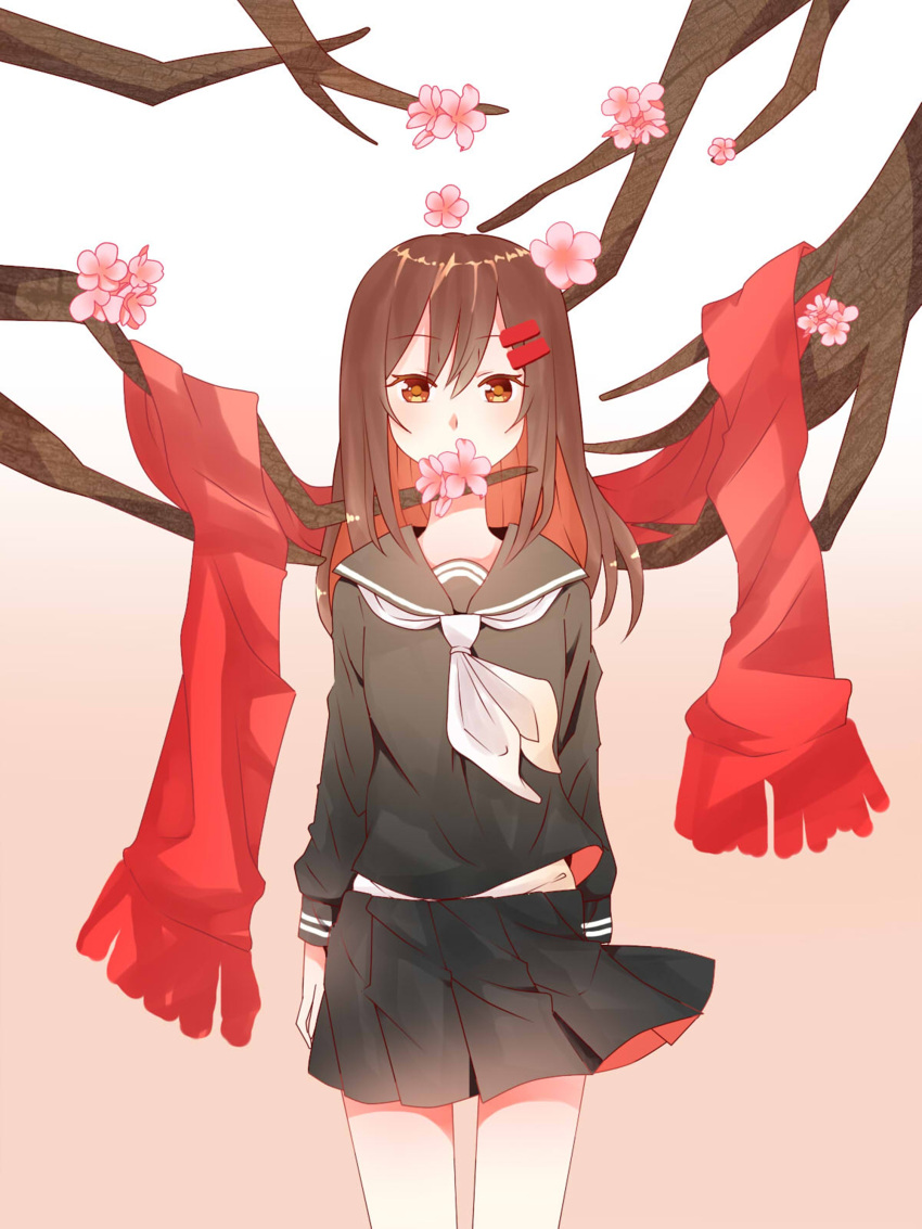 1girl absurdres black_serafuku black_shirt black_skirt branch brown_hair cherry_blossoms flower flower_on_mouth gradient gradient_background hair_ornament hairclip hairpin highres kagerou_project long_hair long_sleeves looking_afar mekakucity_actors multiple_hairpins neckerchief no_scarf pink_background pink_flower pleated_skirt red_scarf scarf scarf_removed school_uniform serafuku shirt simple_background skirt solo standing tateyama_ayano tsumelon twig white_background white_neckerchief
