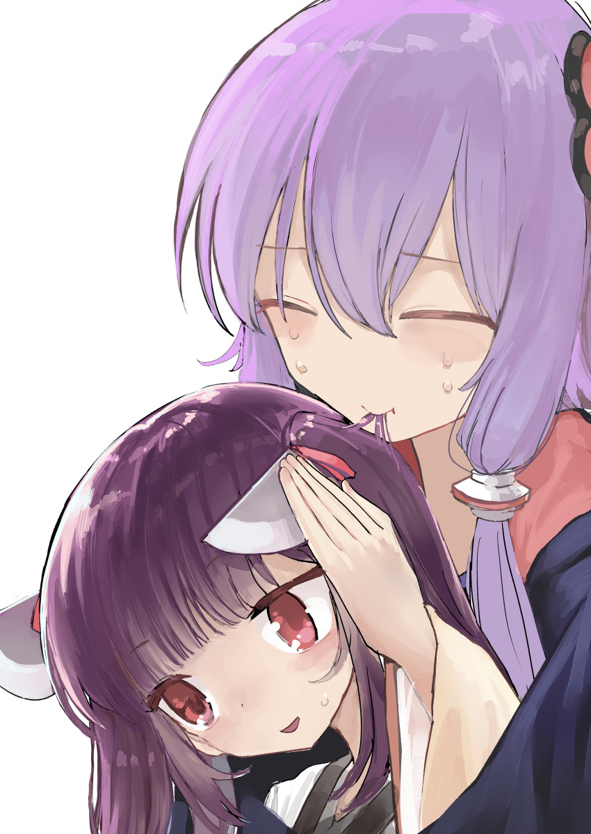 2girls ^_^ absurdres bangs closed_eyes closed_mouth eating_hair hair_between_eyes hair_ornament hair_ribbon hand_on_another's_head highres japanese_clothes long_hair microa multiple_girls open_mouth purple_hair red_eyes red_ribbon ribbon simple_background smile sweat touhoku_kiritan twintails vocaloid voiceroid white_background yuzuki_yukari