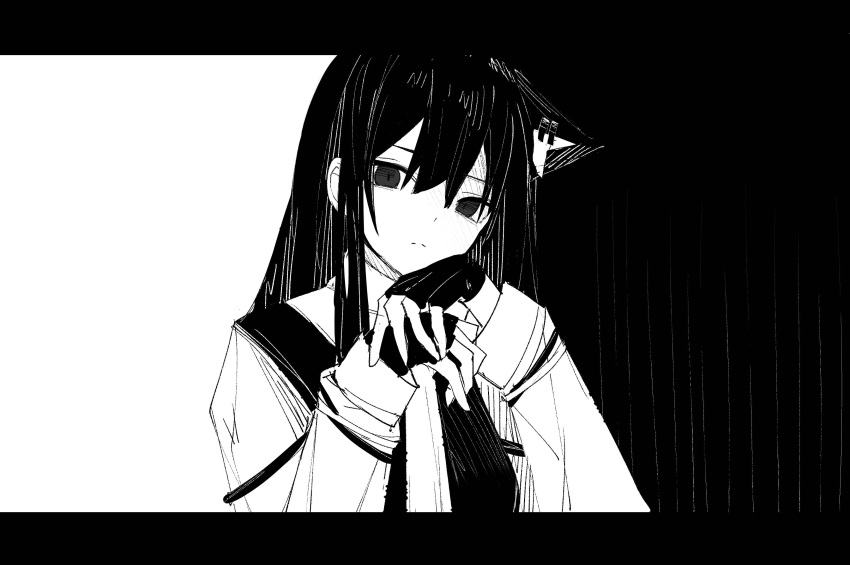 0_(znanimo) 1girl absurdres animal_ears arknights black_background extra_ears fingerless_gloves gloves greyscale hair_between_eyes highres letterboxed long_hair long_sleeves looking_at_viewer monochrome shirt sidelocks simple_background sketch solo texas_(arknights) texas_the_omertosa_(arknights) two-tone_background vest white_background wolf_ears wolf_girl