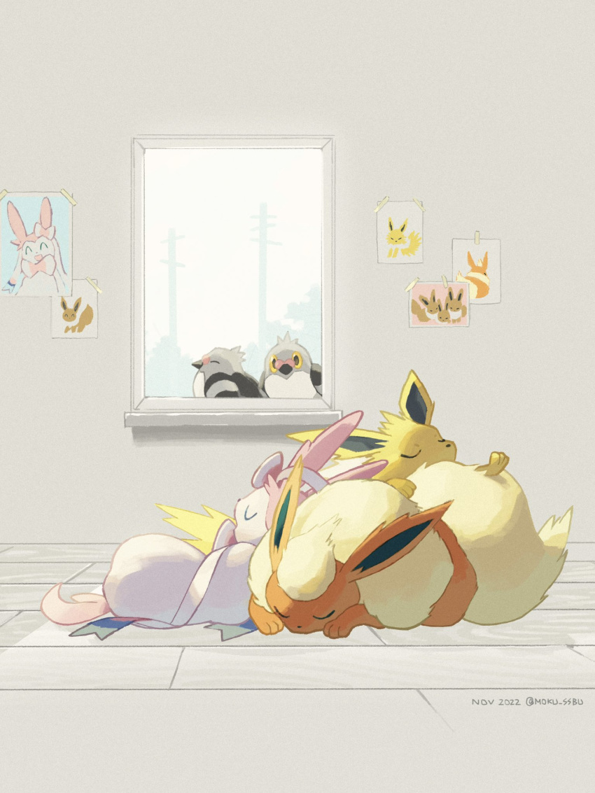 bird closed_eyes commentary dated flareon highres indoors jolteon mokuzou_(moku_ssbu) no_humans picture_(object) pidove pokemon pokemon_(creature) sylveon symbol-only_commentary twitter_username u_u window