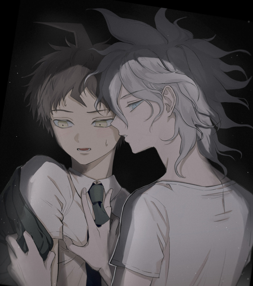 2boys absurdres ahoge archetto_l bangs black_background black_necktie brown_eyes brown_hair collared_shirt danganronpa_(series) danganronpa_2:_goodbye_despair grey_eyes grey_hair highres hinata_hajime jacket komaeda_nagito looking_at_viewer looking_back male_focus medium_hair messy_hair multiple_boys necktie no_jacket off_shoulder open_mouth shirt short_sleeves sweatdrop upper_body