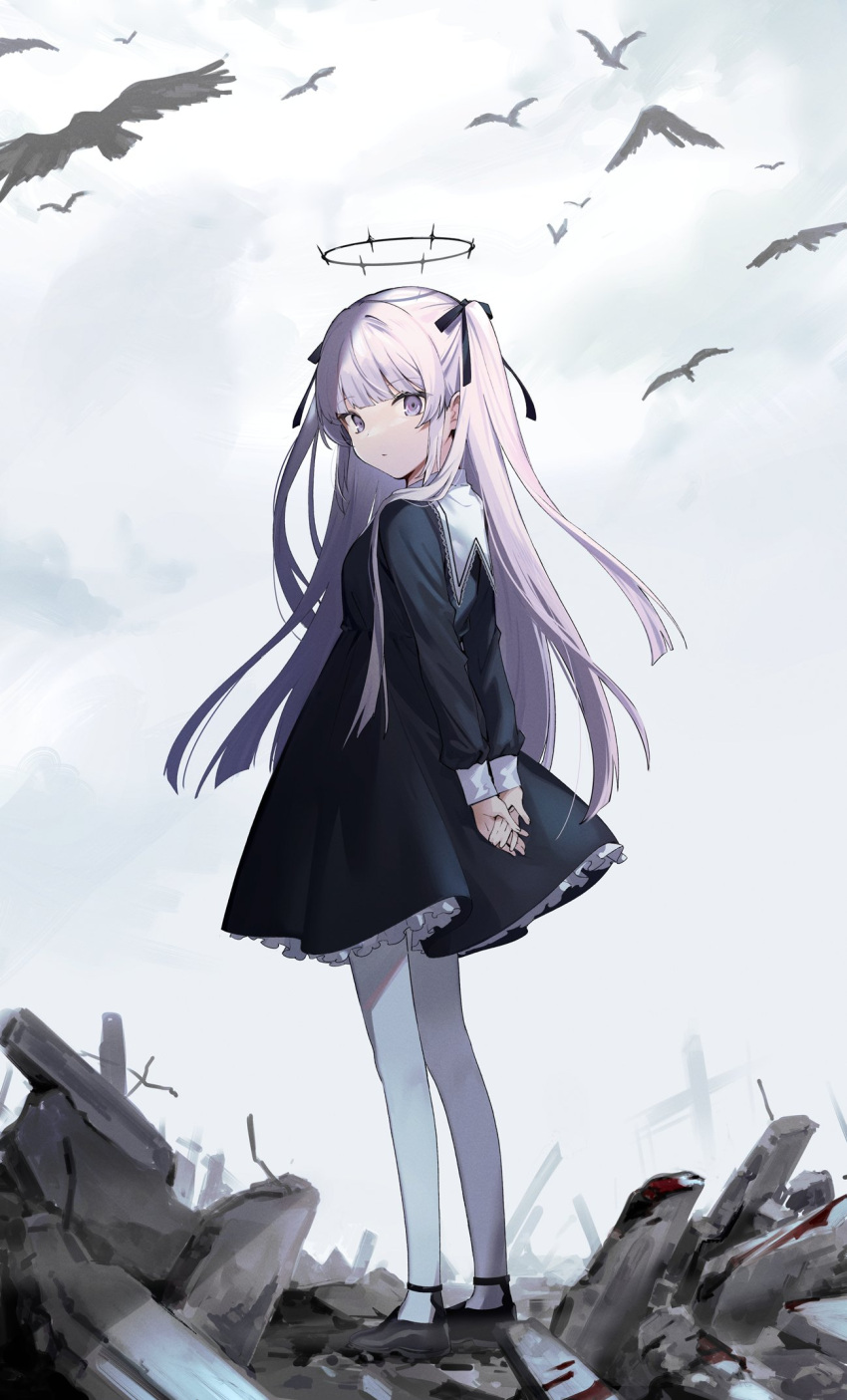 1girl arms_behind_back bird black_dress bow breasts dress grey_eyes grey_sky hair_bow hair_ornament halo highres long_hair long_sleeves looking_at_viewer looking_back medium_breasts original outdoors own_hands_together pantyhose solo twintails urata_asao white_hair white_pantyhose