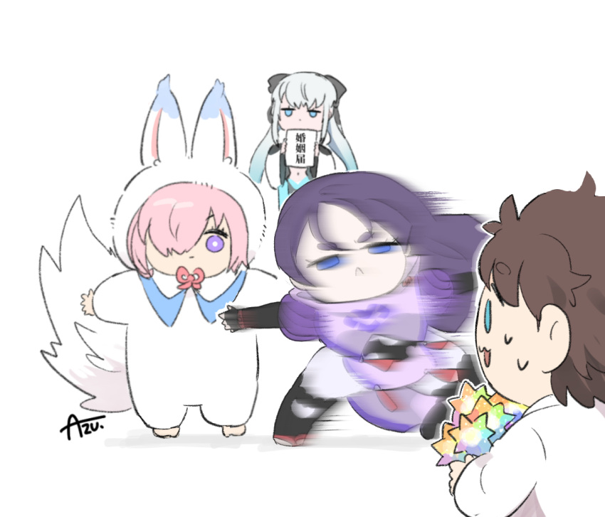 1boy 3girls azu_(kirara310) black_bow black_hair blue_eyes bow chaldea_uniform chibi closed_mouth clothing_cutout commentary_request cosplay dress fate/grand_order fate_(series) fou_(fate) fou_(fate)_(cosplay) from_behind fujimaru_ritsuka_(male) grey_hair hair_bow hair_over_one_eye holding jacket long_hair mash_kyrielight minamoto_no_raikou_(fate) morgan_le_fay_(fate) multiple_girls navel navel_cutout one_eye_covered pink_hair saint_quartz_(fate) short_hair signature simple_background sweat translation_request uniform violet_eyes white_background white_dress white_jacket wide_sleeves