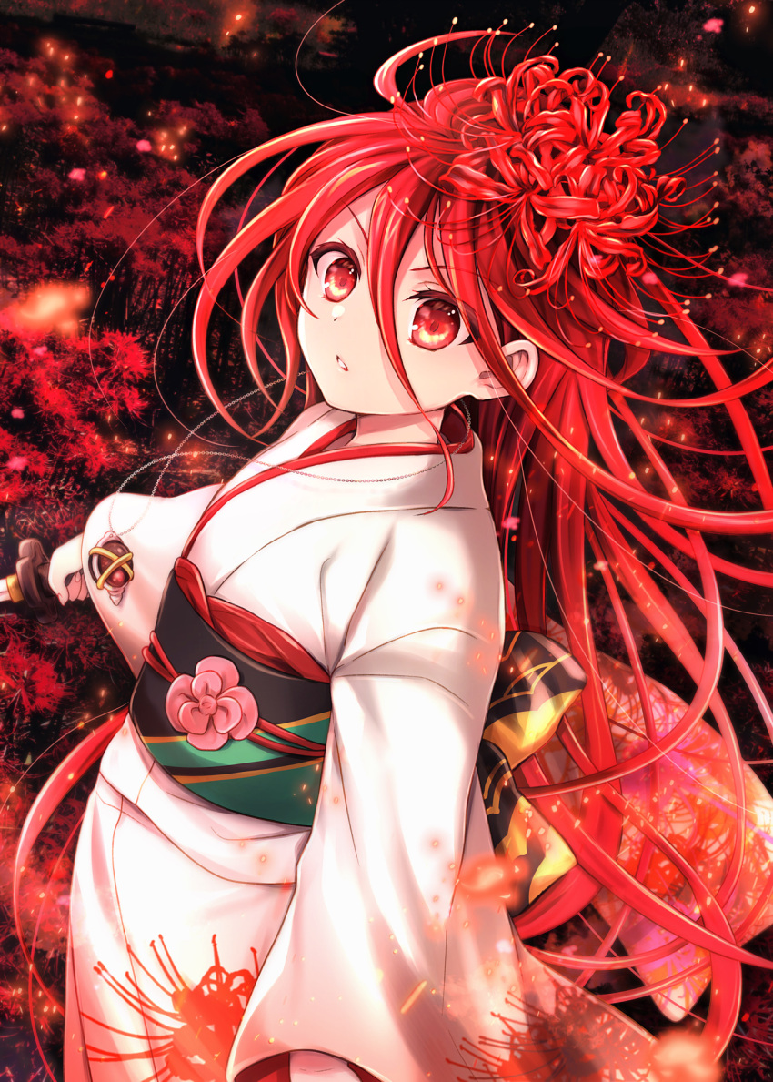 1girl bangs commentary_request flower hair_between_eyes hair_flower hair_ornament highres holding holding_sword holding_weapon japanese_clothes katana kimono long_hair long_sleeves looking_at_viewer obi parted_lips red_eyes red_flower red_hair redhead sash shakugan_no_shana shana solo spider_lily sword tachitsu_teto v-shaped_eyebrows very_long_hair weapon white_kimono