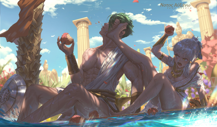 1boy 1girl achilles_(fate) apple armlet barefoot breasts brown_eyes day eating fate/grand_order fate_(series) food fruit greek_text green_hair highres hinoborukaku jewelry kicking muscular muscular_male pendant penthesilea_(fate) pillar ponytail shield sky small_breasts statue toga water white_hair