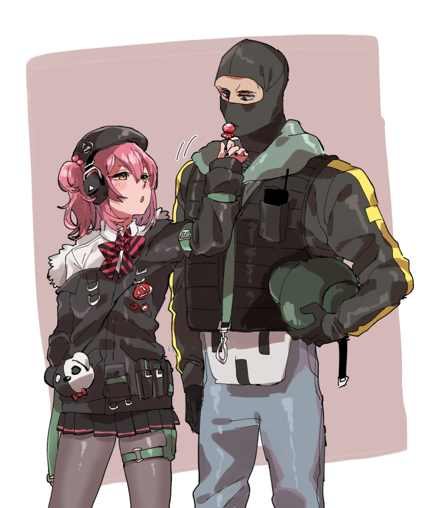 1boy 1girl beret blush candy crossover food girls_frontline hat height_difference highres lollipop mp7_(girls'_frontline) off_shoulder pantyhose pink_hair pleated_skirt rainbow_six_siege redhead sanso_(kasyawamoti) side_ponytail skirt