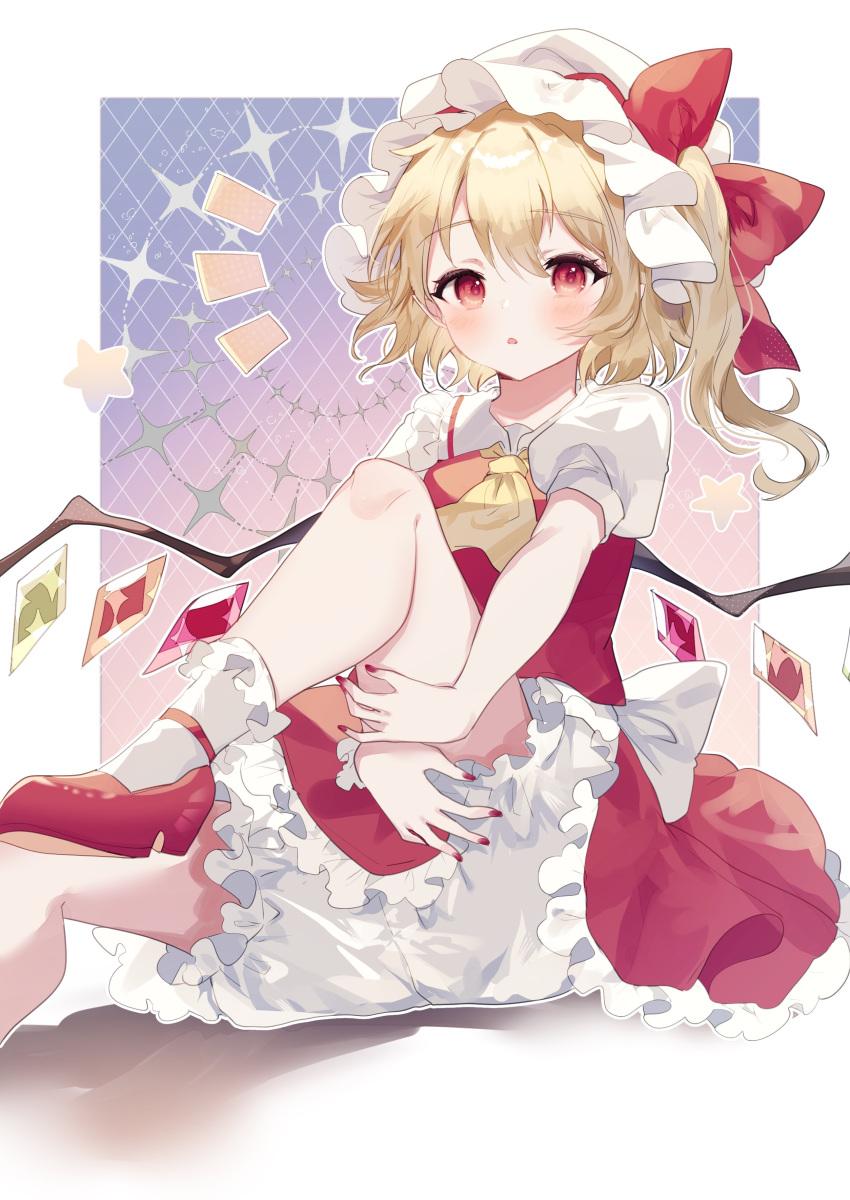 1girl absurdres ascot blonde_hair bloomers blush bow flandre_scarlet full_body hat hat_bow high_heels highres looking_at_viewer mob_cap nail_polish one_side_up outside_border parted_lips petticoat puffy_short_sleeves puffy_sleeves red_bow red_eyes red_footwear red_nails red_skirt red_socks red_vest shoes short_sleeves sitting skirt socks solo sorani_(kaeru0768) touhou underwear vest white_headwear wings wrist_cuffs yellow_ascot