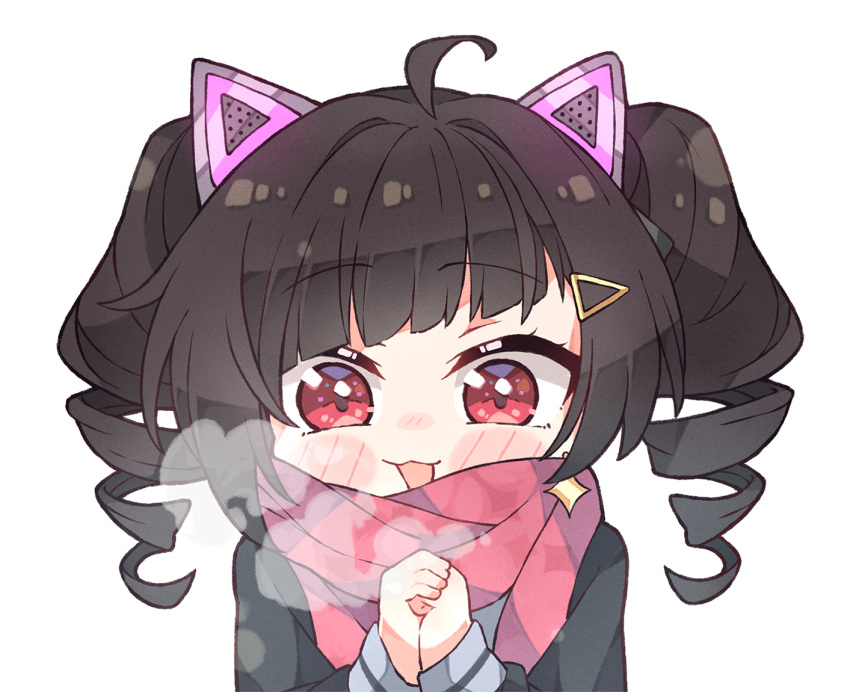 1girl ahoge alternate_hair_color animal_ears bangs black_hair blush blush_stickers breath cat_ears chibi cold condensation delutaya diagonal_bangs drill_hair english_commentary fake_animal_ears hair_ornament hairclip indie_virtual_youtuber kukie-nyan red_eyes red_scarf scarf solo twin_drills twintails virtual_youtuber