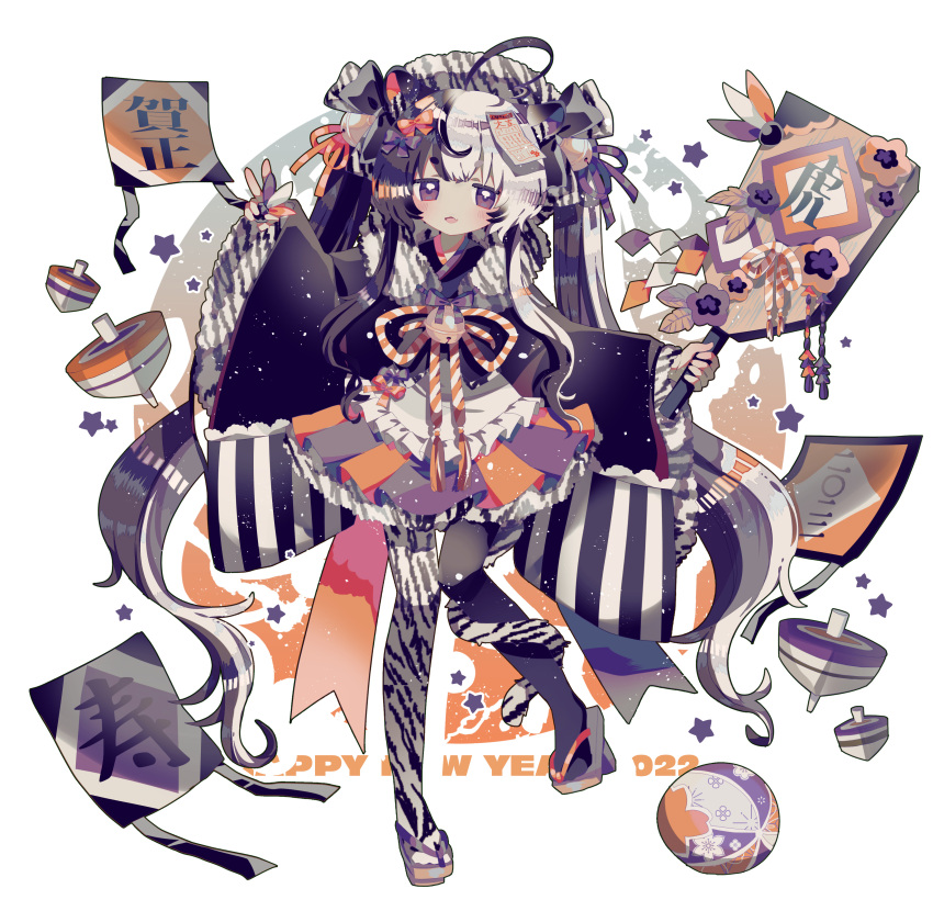 1girl 2022 absurdres ahoge asymmetrical_legwear bangs bell black_eyes black_hair black_ribbon chinese_zodiac fang frills full_body hair_bell hair_ornament hair_ribbon happy_new_year highres holding japanese_clothes long_hair long_sleeves mismatched_legwear multicolored_hair new_year open_mouth orange_ribbon original pleated_skirt ribbon skin_fang skirt solo star_(symbol) translated twintails usagi_nui very_long_hair white_hair wide_sleeves year_of_the_tiger