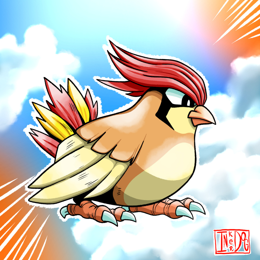 artist_logo artist_name beak bird bird_legs bird_wings blue_sky bright_pupils claws closed_mouth cloud clouds colored_skin day feathered_wings feathers full_body highres inker_dog monster no_humans outline pidgeotto pokemon pokemon_(creature) pokemon_(game) redhead self_upload sky solo tail tail_feathers white_outline white_pupils wings