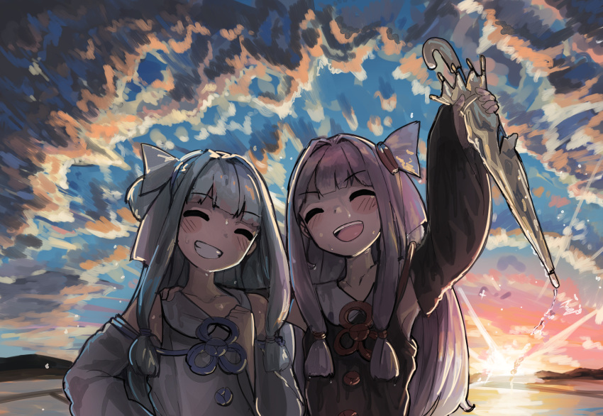 2girls ^_^ arm_up bangs black_sleeves blue_hair blue_sky closed_eyes closed_umbrella clouds cloudy_sky collarbone detached_sleeves grin hair_intakes hair_ornament hand_up highres holding holding_umbrella kotonoha_akane kotonoha_aoi light_blue_hair long_hair long_sleeves microa multicolored_sky multiple_girls open_mouth pink_hair pink_sky siblings sisters sky smile sun sunset teeth twilight umbrella upper_teeth voiceroid water wet white_sleeves white_umbrella