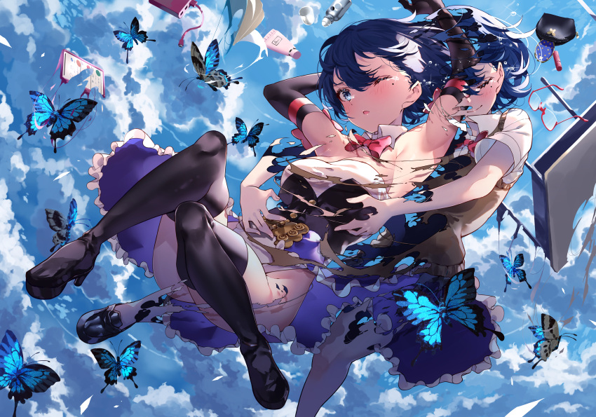 1girl absurdres aircraft airplane animal armpits bare_shoulders black_gloves blue_butterfly blue_eyes blue_hair blue_sky boots bow bowtie bug butterfly butterfly_hair_ornament butterfly_wings clouds commentary_request detached_collar dragonfly elbow_gloves frilled_skirt frills gloves high_heel_boots high_heels highres insect kashiwazaki_sena leotard mole mole_under_eye one_eye_closed original puni_(punycolors) red_neckwear school_uniform shedding short_hair skirt sky squiggle tears thigh_boots thighhighs