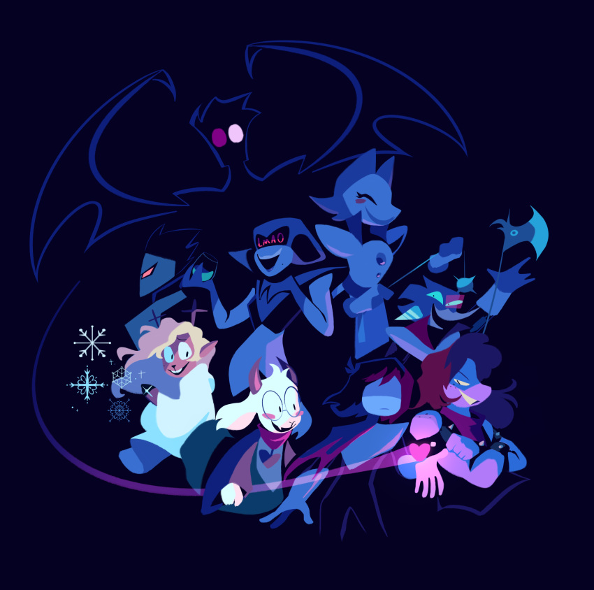 1other 3boys 3girls :d armlet axe ball_and_chain_(weapon) berdly_(deltarune) black_background black_hair blonde_hair blush bracelet crossed_arms cup deltarune drinking_glass english_commentary furry gen_1_pokemon heart highres horns jewelry kris_(deltarune) laughing medium_hair multiple_boys multiple_girls noelle_holiday pokemon_(creature) queen_(deltarune) ralsei sea-beam smile snowflakes spamton_neo spiked_armlet spiked_ball_and_chain spiked_bracelet spikes susie_(deltarune) swatchling_(deltarune) tasque_(deltarune) wine_glass