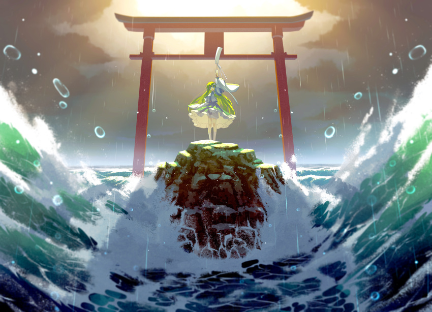 1girl :o absurdres arm_at_side arm_up backlighting blue_eyes blue_skirt chinese_commentary commentary_request detached_sleeves frog_hair_ornament gohei grey_hair hair_ornament highres holding_gohei jiege kochiya_sanae long_hair looking_at_viewer ocean open_mouth partial_commentary rock shirt skirt snake_hair_ornament socks solo standing torii touhou very_long_hair water water_drop waves white_shirt white_sleeves white_socks wide_shot wide_sleeves