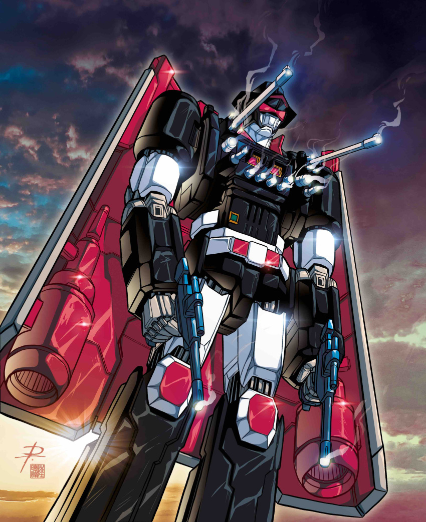 absurdres bismarck_(mecha) daniele_rudoni dual_wielding glint gun highres holding jet_engine mecha night no_humans outdoors pierucciniriccardo robot science_fiction sei_juushi_bismarck smoke smoking_gun solo standing weapon