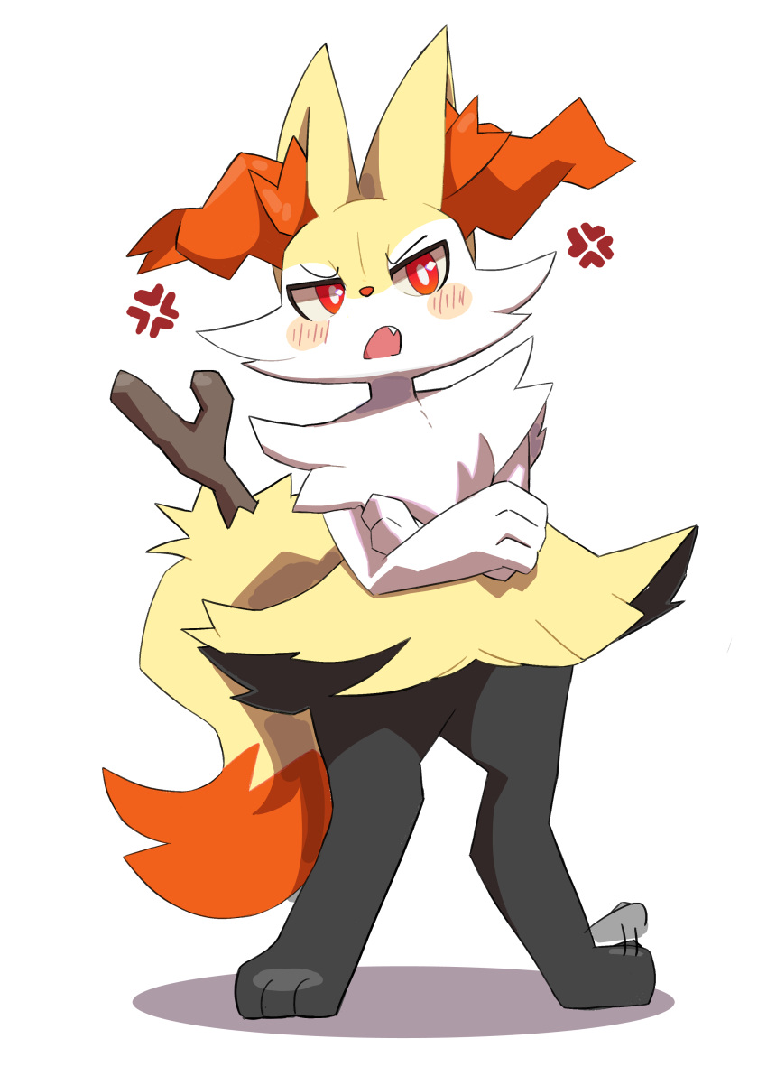 1girl absurdres afterimage anger_vein animal_ear_fluff animal_ears animal_feet animal_nose annoyed aya_tsuji black_fur blush blush_stickers braixen bright_pupils commentary_request crossed_arms fang flat_chest fox_ears fox_girl fox_tail fur_collar furry furry_female highres looking_at_viewer motion_lines multicolored_fur open_mouth pokemon pokemon_(creature) raised_eyebrow red_eyes simple_background solo stick tail tapping_foot white_background white_fur white_pupils yellow_fur