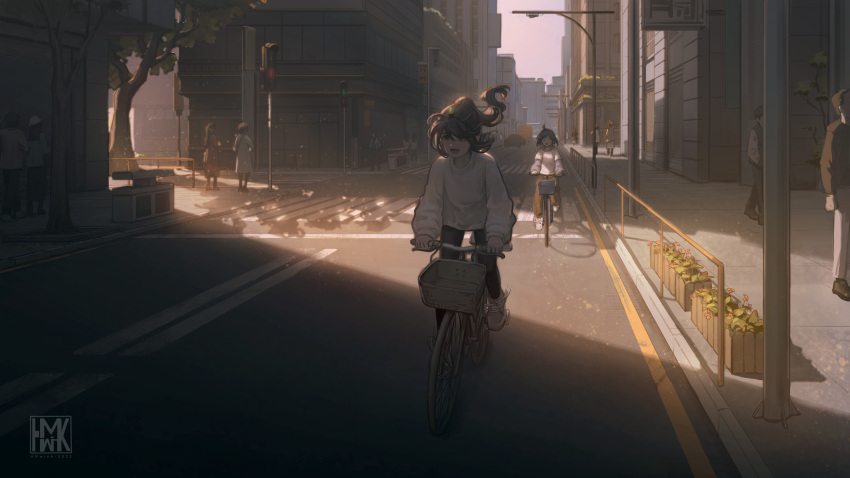 1girl 4boys 6+girls absurdres bicycle bicycle_basket black_hair building car chinese_commentary city cityscape commentary_request crosswalk ground_vehicle highres hua_ming_wink lamppost long_hair long_sleeves motor_vehicle multiple_boys multiple_girls original outdoors riding riding_bicycle road scenery shadow short_hair sky solo street sunset sweater traffic_light walking white_sweater