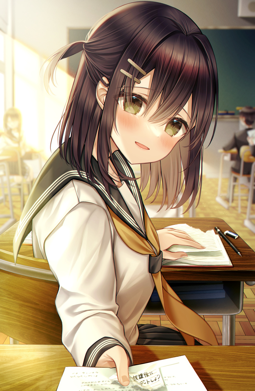 1girl :d absurdres black_sailor_collar black_skirt blurry blush brown_hair classroom desk eraser from_behind green_eyes hair_ornament hairclip highres holding holding_paper indoors kuro_namako long_sleeves looking_at_viewer looking_back neckerchief one_side_up original paper parted_lips pen pov sailor_collar school_uniform serafuku shirt short_hair sitting skirt smile solo solo_focus translated upper_body white_shirt yellow_neckerchief
