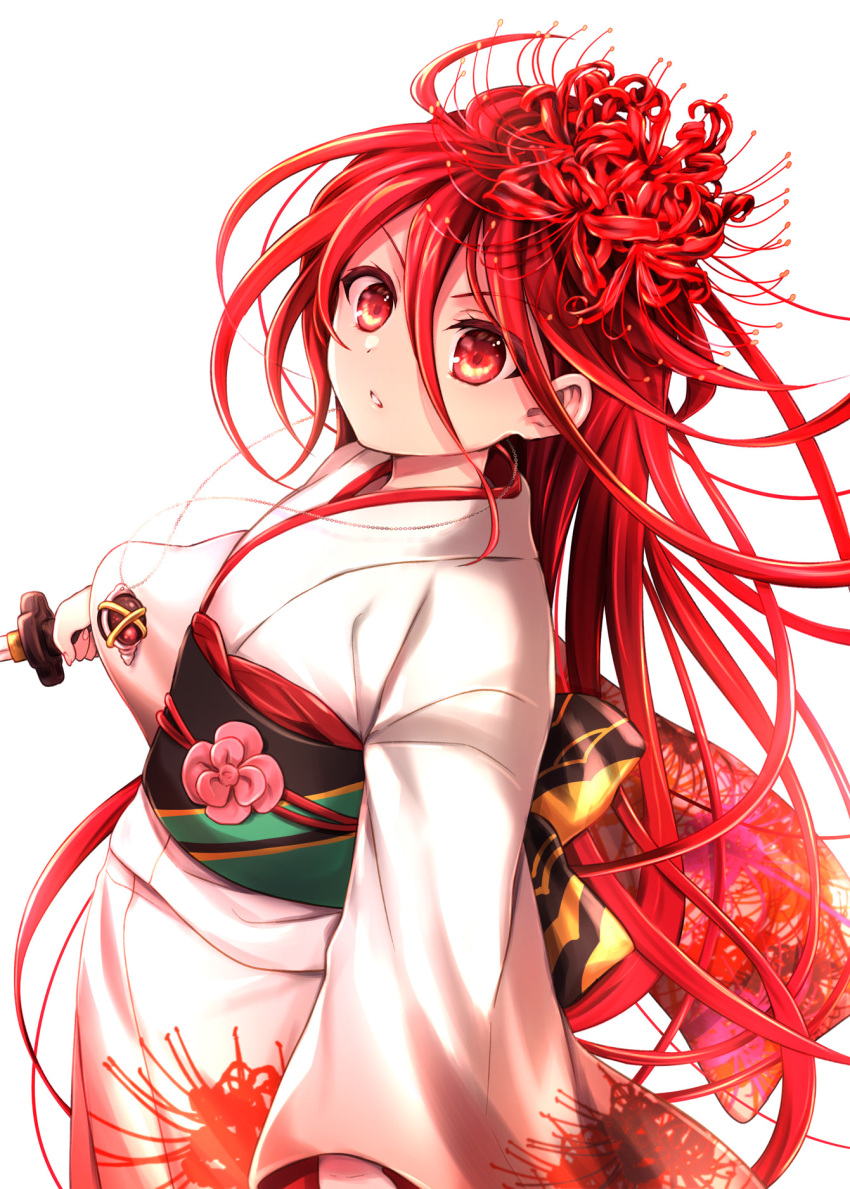1girl bangs flower hair_between_eyes hair_flower hair_ornament highres holding holding_sword holding_weapon japanese_clothes katana kimono long_hair long_sleeves looking_at_viewer obi parted_lips red_eyes red_flower red_hair redhead sash shakugan_no_shana shana simple_background solo spider_lily sword tachitsu_teto v-shaped_eyebrows very_long_hair weapon white_background white_kimono
