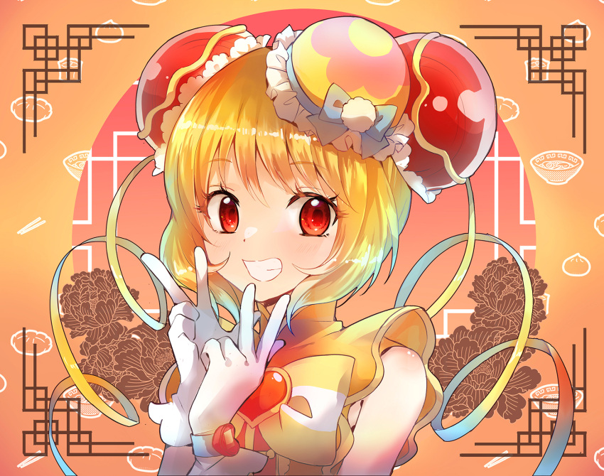1girl ankle_bow blonde_hair bow brooch bun_cover china_dress chinese_clothes cure_yum-yum delicious_party_precure dress food food_print gloves hair_bun hanamichi_ran heart_brooch highres huge_bow jewelry lazy_orange looking_at_viewer magical_girl noodles orange_background precure red_eyes short_sleeves smile solo triple_bun upper_body v white_gloves white_stripes yellow_dress