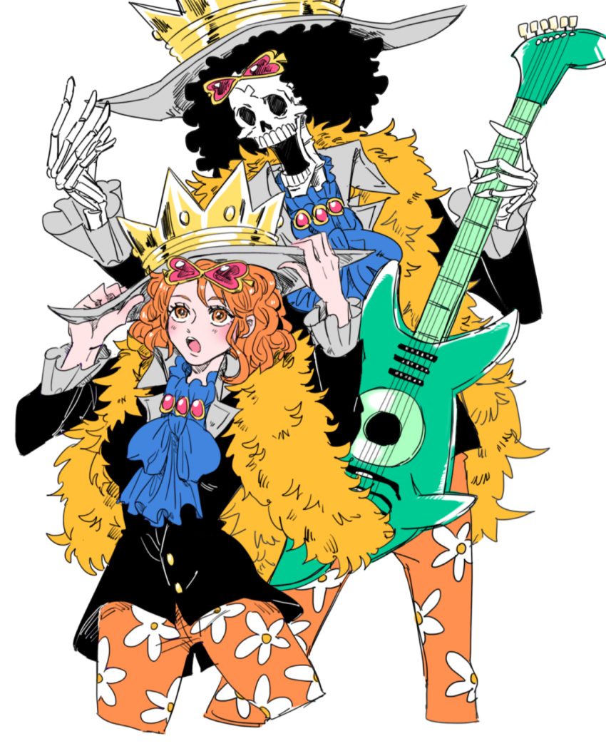 1girl afro ascot black_hair brook_(one_piece) brook_(one_piece)_(cosplay) cosplay crown crown_hat curly_hair eyewear_on_head floral_print frilled_sleeves frills fur_scarf guitar hands_on_headwear hands_up hat highres holding holding_instrument instrument long_sleeves mike_(tomatomato244) nami_(one_piece) one_piece open_mouth orange_eyes orange_hair pink-tinted_eyewear skeleton tinted_eyewear white_background