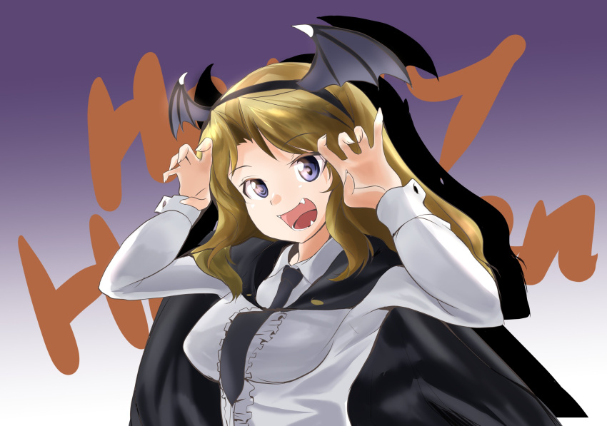 1girl abimaru_gup absurdres background_text black_cape black_wings blonde_hair blue_eyes cape center_frills claw_pose commentary demon_wings dress_shirt english_text fake_head_wings fangs fingernails frills girls_und_panzer gradient gradient_background hair_intakes halloween halloween_costume happy_halloween head_wings highres kay_(girls_und_panzer) long_hair long_sleeves looking_at_viewer necktie open_mouth purple_background purple_eyes sharp_fingernails shirt smile solo upper_body white_shirt wing_collar wings