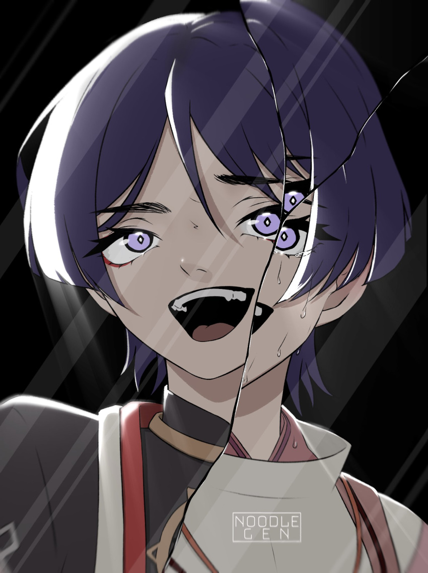 1boy artist_name bangs black_background crack cracked_screen crying crying_with_eyes_open dark_background english_commentary genshin_impact highres japanese_clothes kuronushi_(genshin_impact) looking_at_viewer male_focus noodlegen open_mouth portrait purple_hair scaramouche_(genshin_impact) short_hair solo tearing_up tears teeth tongue upper_teeth violet_eyes