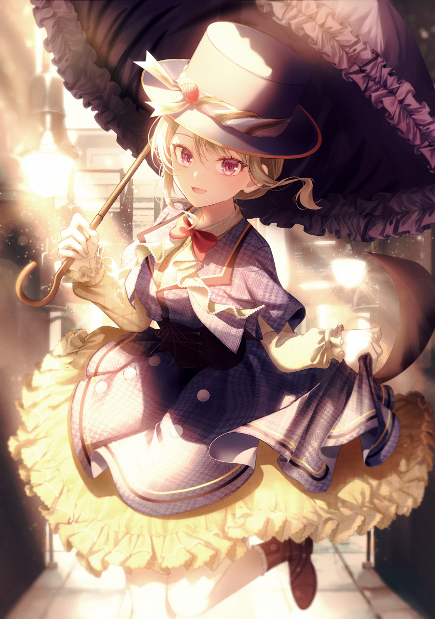 1girl 723/nanahumi :d blonde_hair bow bowtie breasts collared_shirt commentary dress frilled_dress frilled_umbrella frills hat highres holding holding_umbrella kusanagi_nene long_hair looking_at_viewer medium_hair project_sekai purple_dress purple_headwear red_bow red_bowtie revision shirt skirt_hold smile solo sunlight symbol-only_commentary umbrella violet_eyes