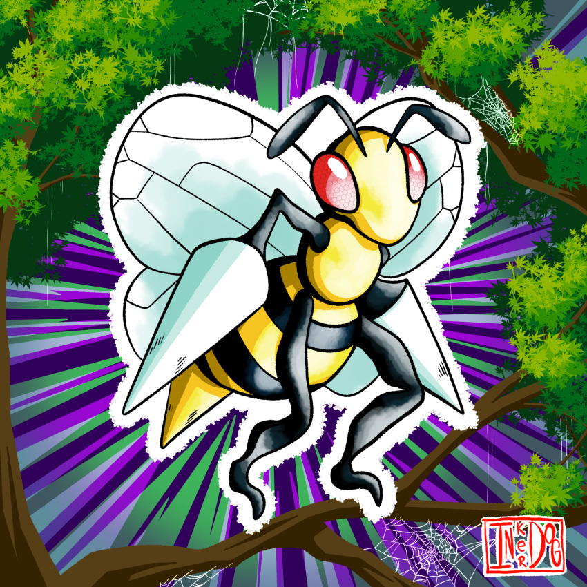 antennae artist_logo artist_name bee bee_print bee_wings beedrill branch bug bush colored_skin compound_eyes creature full_body grass highres inker_dog leaf monster no_humans outdoors outline pokemon pokemon_(creature) pokemon_(game) purple_background red_eyes self_upload silk solo spider_web stinger tree white_outline yellow_skin