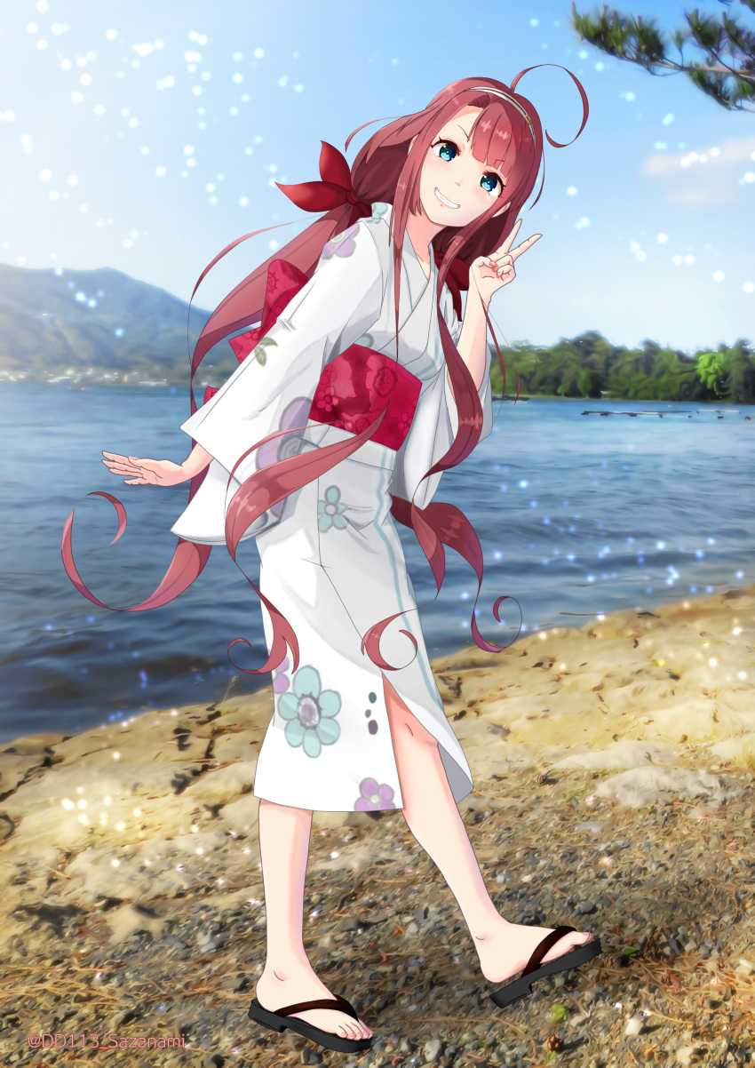 1girl absurdres ahoge alternate_costume asymmetrical_bangs bangs beach blue_eyes blue_sky clouds day floral_print hair_ribbon hairband highres japanese_clothes kantai_collection kawakaze_(kancolle) kawakaze_(kantai_collection) kimono lake leaning_forward long_hair looking_at_viewer low_twintails mountain official_alternate_costume outdoors photo_background red_hair redhead ribbon sandals sidelocks simple_background sky smile solo sorairo_haruka twintails v very_long_hair water white_kimono yukata