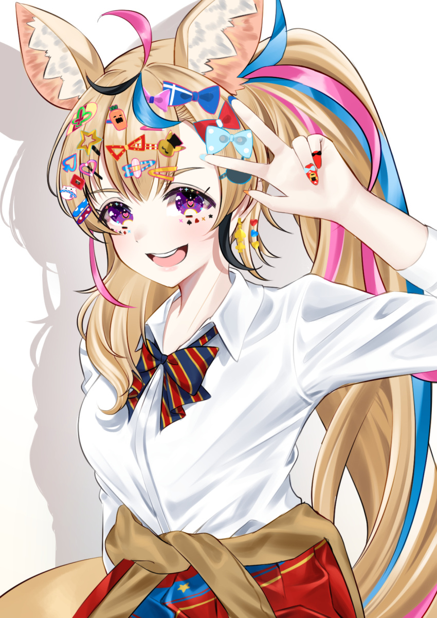 1girl ahoge animal_ear_fluff animal_ears arm_up black_hair blonde_hair blue_bow blue_hair blue_nails bow bowtie breasts clothes_around_waist commentary_request eyelashes facial_mark fennec_fox fox_ears fox_girl grey_background gyaru hair_bow hair_ornament hair_over_shoulder hairclip hand_up heart heart-shaped_pupils highres hololive jacket jacket_around_waist long_hair looking_at_viewer medium_breasts mogmog_megmog multicolored_hair nail_polish omaru_polka open_mouth pink_hair pleated_skirt ponytail purple_eyes red_bow red_nails red_skirt school_uniform shadow shiny shiny_hair shirt side_ponytail sidelocks skirt smile solo streaked_hair striped striped_bow symbol-shaped_pupils teeth upper_body upper_teeth violet_eyes virtual_youtuber w white_shirt