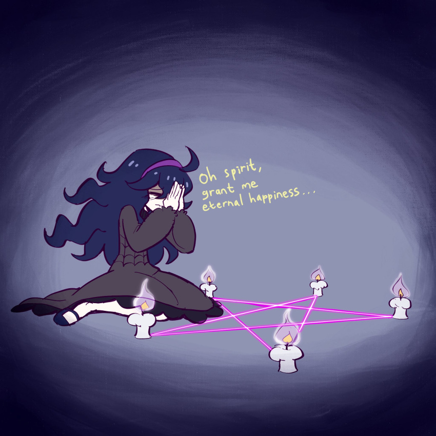 1girl ahoge arvyewaldo black_dress candle dress english_text hairband hex_maniac_(pokemon) highres long_hair magic_circle mary_janes messy_hair own_hands_clasped own_hands_together pentagram pokemon pokemon_(game) pokemon_sv purple_hair purple_hairband solo very_long_hair violet_eyes