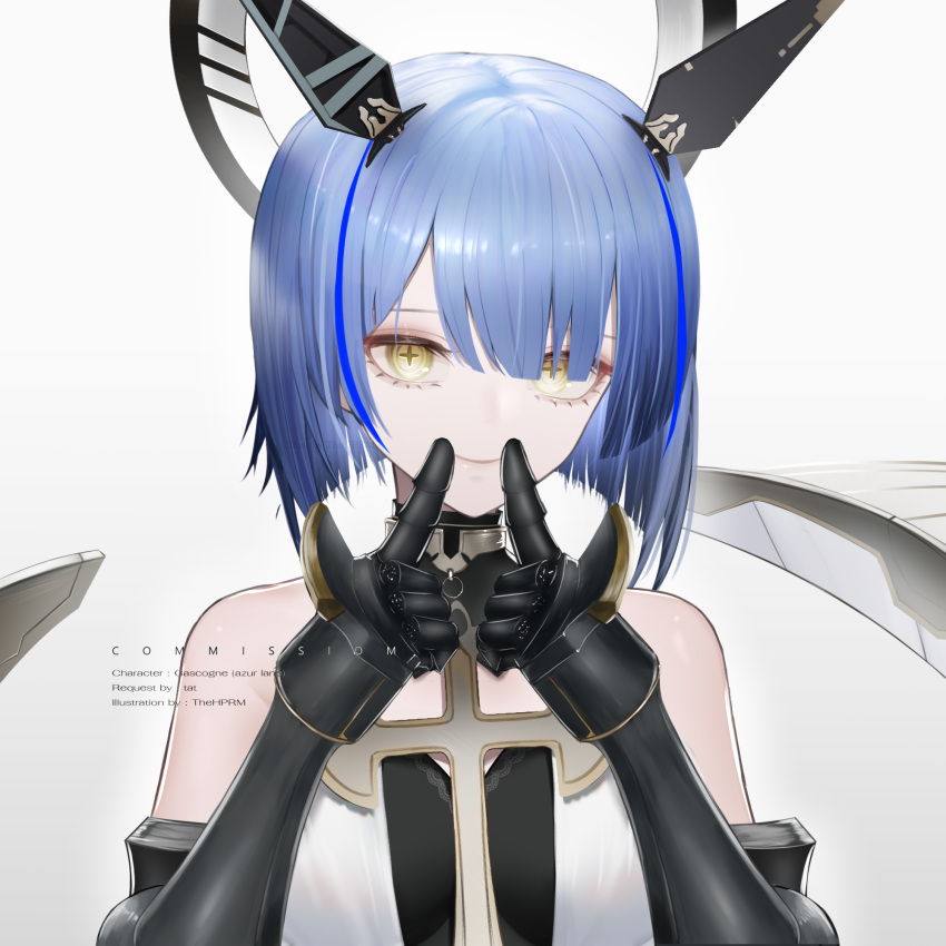 1girl azur_lane bangs blue_hair blunt_bangs commentary_request fingers_to_mouth gascogne_(azur_lane) gauntlets gradient gradient_background headgear highres looking_at_viewer short_hair sidelocks simple_background sleeveless smile solo symbol-shaped_pupils thehprm white_background yellow_eyes