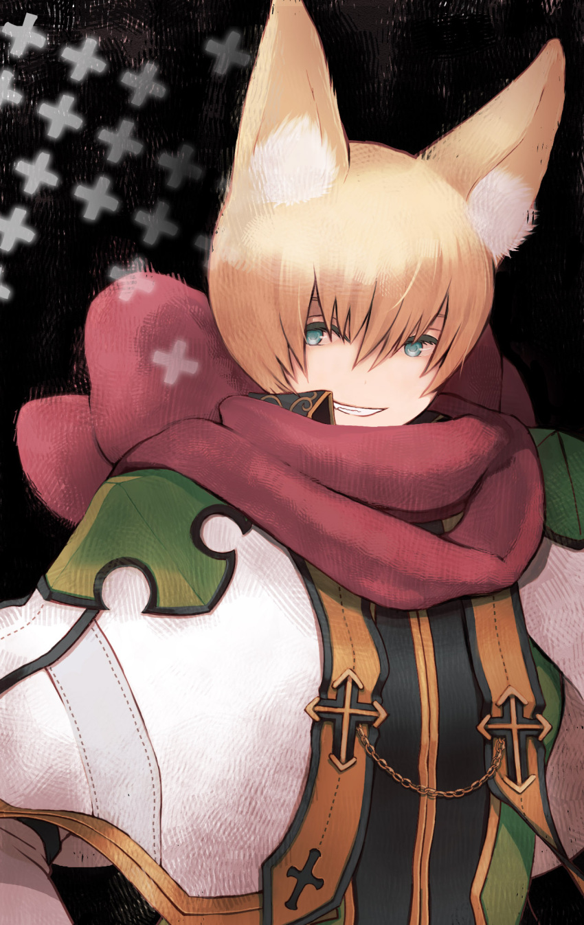 1boy animal_ear_fluff animal_ears arch_bishop_(ragnarok_online) bangs black_shirt blonde_hair blue_eyes capelet coat commentary_request cross fox_ears gold_trim green_coat grin hair_between_eyes highres long_sleeves looking_at_viewer male_focus official_alternate_costume omanjuu_(tamppcn) open_clothes open_coat ragnarok_online red_scarf scarf shirt short_hair smile solo upper_body white_capelet