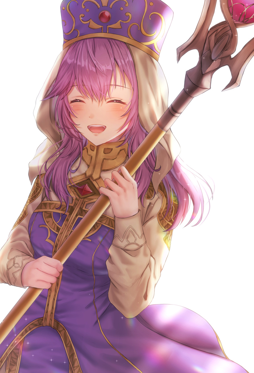 1girl :d absurdres backlighting blush closed_eyes commission cowboy_shot dress eremiya fire_emblem fire_emblem:_new_mystery_of_the_emblem hat highres holding holding_staff long_hair nei_(aduma1120ponpon) open_mouth purple_dress purple_hair purple_headwear shirt simple_background skeb_commission smile solo staff veil white_background white_shirt