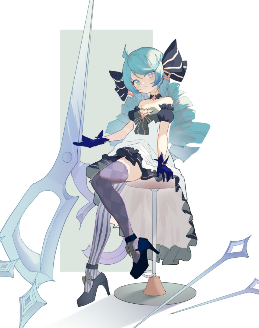 1girl ahoge asymmetrical_footwear asymmetrical_legwear bangs black_bow black_dress black_gloves blush bow breasts collarbone dress drill_hair expressionless gloves green_hair gwen_(league_of_legends) hair_bow high_heels highres holding holding_scissors kele_mimi league_of_legends long_hair looking_at_viewer mismatched_footwear mismatched_legwear needle oversized_object scissors sewing_needle shiny shoes simple_background sitting solo striped thigh-highs thighhighs twin_drills twintails vertical_stripes white_dress