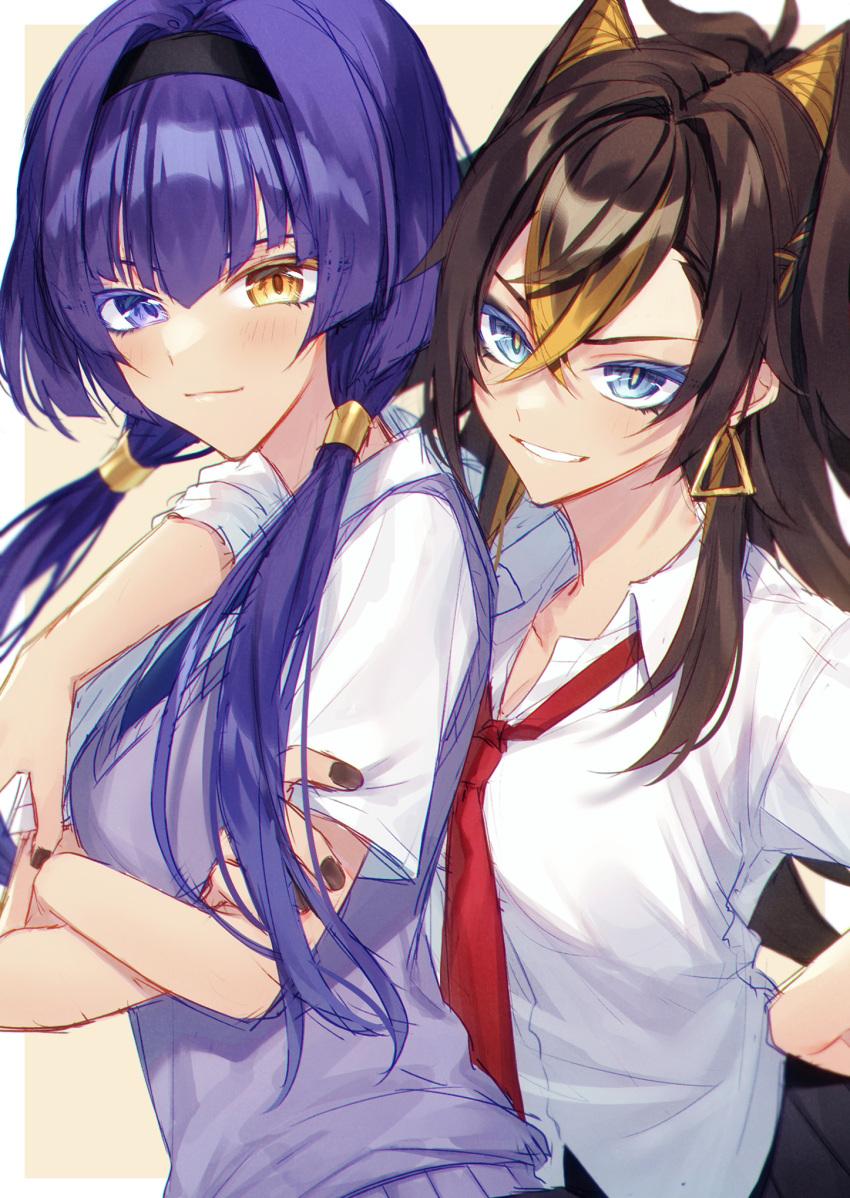 2girls alternate_costume arm_around_shoulder bangs black_hairband black_nails blonde_hair blue_eyes brown_hair candace_(genshin_impact) chobo_ume colored_eyelashes commentary_request contemporary crossed_arms dehya_(genshin_impact) earrings genshin_impact grin hair_between_eyes hairband heterochromia highres jewelry long_hair looking_at_viewer low_twintails multicolored_hair multiple_girls nail_polish necktie pointy_hair purple_hair purple_vest red_necktie school_uniform shirt short_sleeves smile sweater_vest twintails vest violet_eyes white_shirt yellow_eyes