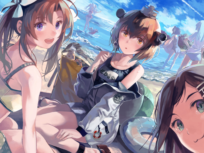 6+girls alternate_costume amatsukaze_(kancolle) ass bag beach bikini black_hair blue_eyes blue_hair breasts brown_eyes brown_hair day green_eyes grey_hair groin hair_ornament hairpin hatsukaze_(kancolle) jacket kagerou_(kancolle) kagerou_(kantai_collection) kantai_collection kuroshio_(kancolle) lifebuoy lifebuoy_ornament light_blue_hair long_hair looking_at_viewer mat_(seiga38529) multicolored_hair multiple_girls name_tag official_alternate_costume one-piece_swimsuit open_mouth orange_hair outdoors pink_bikini school_swimsuit short_hair small_breasts swimsuit tokitsukaze_(kancolle) twintails two-tone_hair white_jacket yukikaze_(kancolle) yukikaze_(kantai_collection)