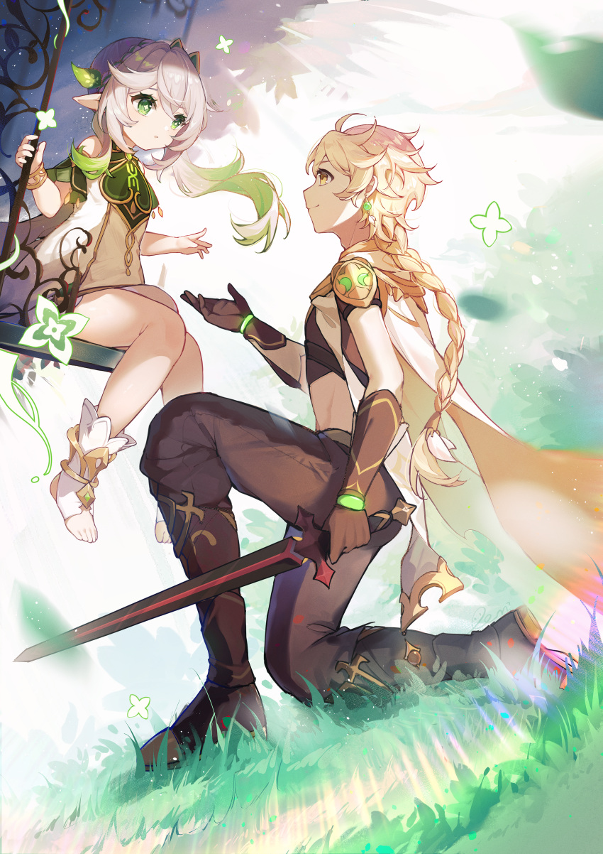 1boy 1girl absurdres aether_(genshin_impact) black_gloves braid braided_ponytail dress feet full_body genshin_impact gloves grass green_eyes hair_ornament highres holding holding_sword holding_weapon kneeling lizhilv long_hair looking_at_another nahida_(genshin_impact) outstretched_hand pants pointy_ears short_sleeves sitting smile swing sword symbol-shaped_pupils toes weapon white_dress white_hair