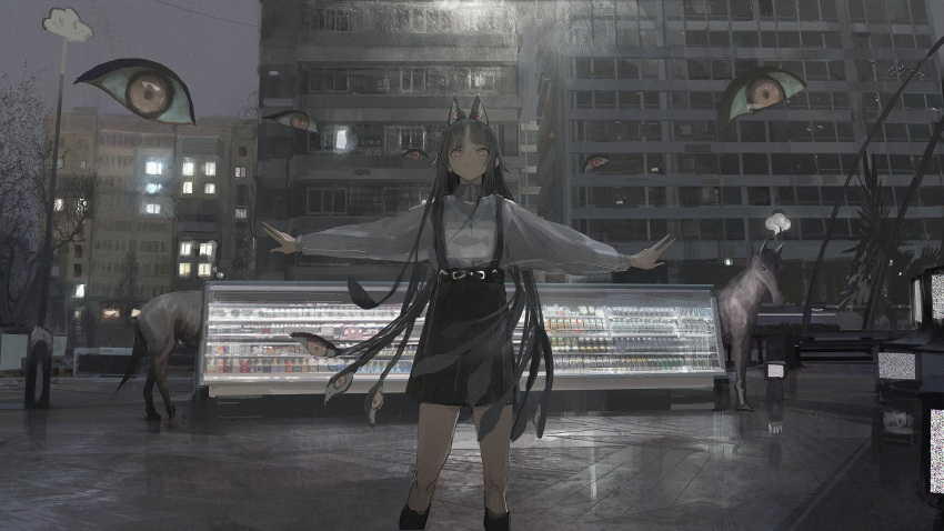 1girl animal_ears bangs black_hair building disembodied_eye highres horns horse jacket long_hair long_sleeves looking_at_viewer original outdoors outstretched_arms paindude red_eyes shirt skirt solo spread_arms standing white_shirt