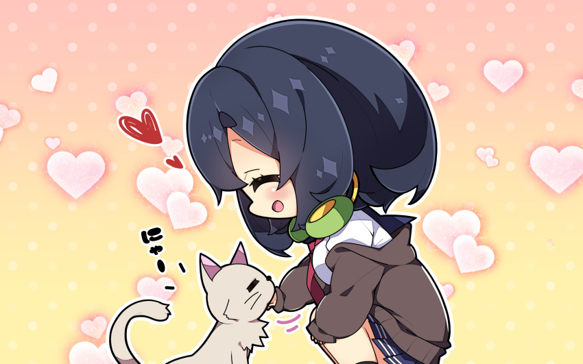 1girl :d ^_^ animal bangs black_hair black_socks blue_sailor_collar blue_skirt blush brown_background brown_cardigan cardigan cat closed_eyes commentary_request feet_out_of_frame gradient gradient_background hair_between_eyes headphones headphones_around_neck heart heart_background highres jacket knees_up kyoumachi_seika long_sleeves milkpanda necktie off_shoulder open_cardigan open_clothes pleated_skirt polka_dot polka_dot_background profile puffy_long_sleeves puffy_sleeves red_necktie sailor_collar shirt skirt sleeves_past_wrists smile socks solo squatting voiceroid white_shirt yellow_background