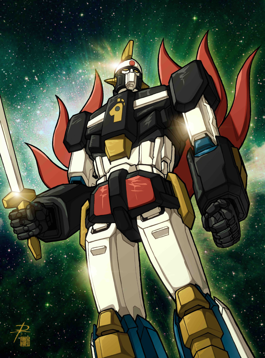 absurdres clenched_hand daniele_rudoni earth full_body highres holding holding_sword holding_weapon kingstar mecha night night_sky no_humans pierucciniriccardo robot sky space star_(sky) starry_background starry_sky sword time_bokan_(series) weapon yattodetaman
